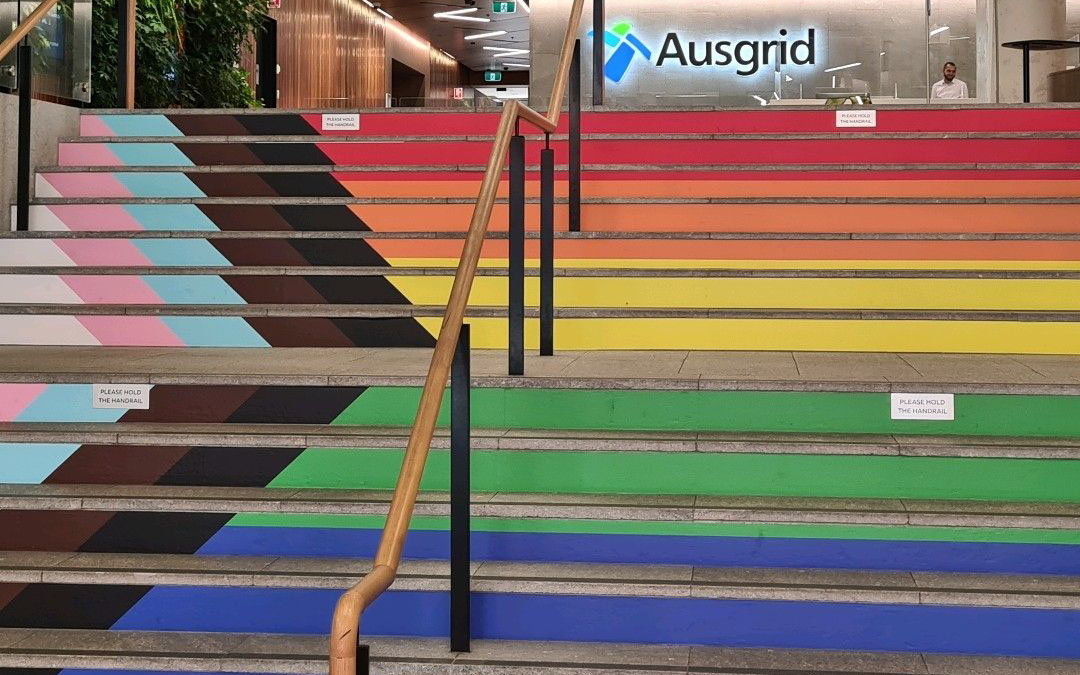 PRIDE representation at Ausgrid - Roden Cutler House  showing rainbow Stairs