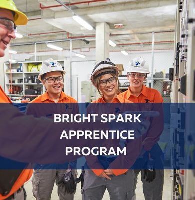Image of Ausgrid apprentices with the text Ausgrid Bright Sparks Apprenticeship Program