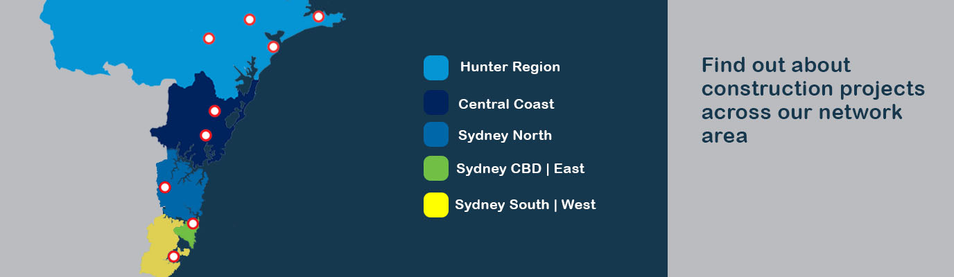 map of aisgrid regions showing Hunter Region Central Coast Sydney North Sydney CBD East, and Sydney South and West
