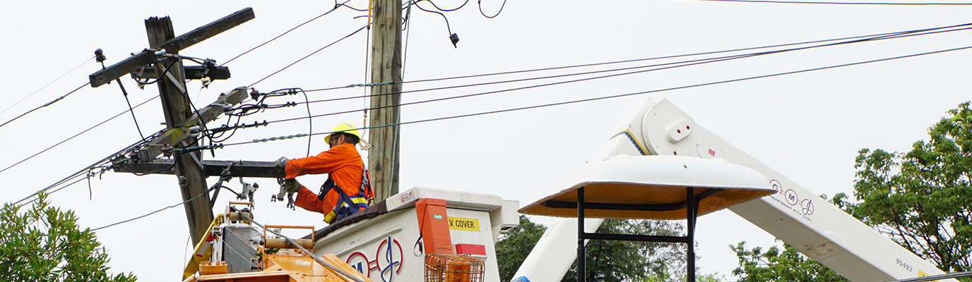 Ausgrid crew repairing a cross arm of an electricity pole from a cherry picker truck