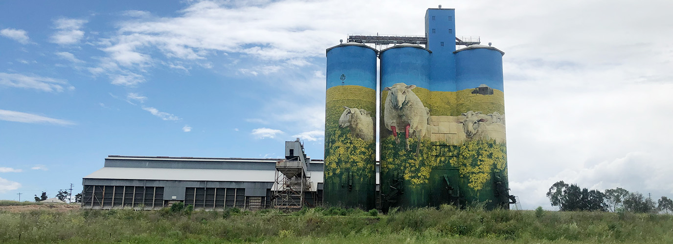 Countryside and painted farm silo in Merriwa, NSW