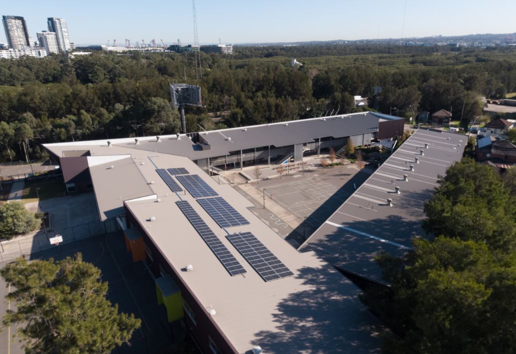 An aerial image of solar panels on the roof of Victoria Avenue Public School in Concord West