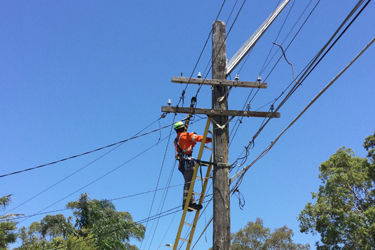 Image of Ausgrid field crew up a electricity pole restoring power after a storm