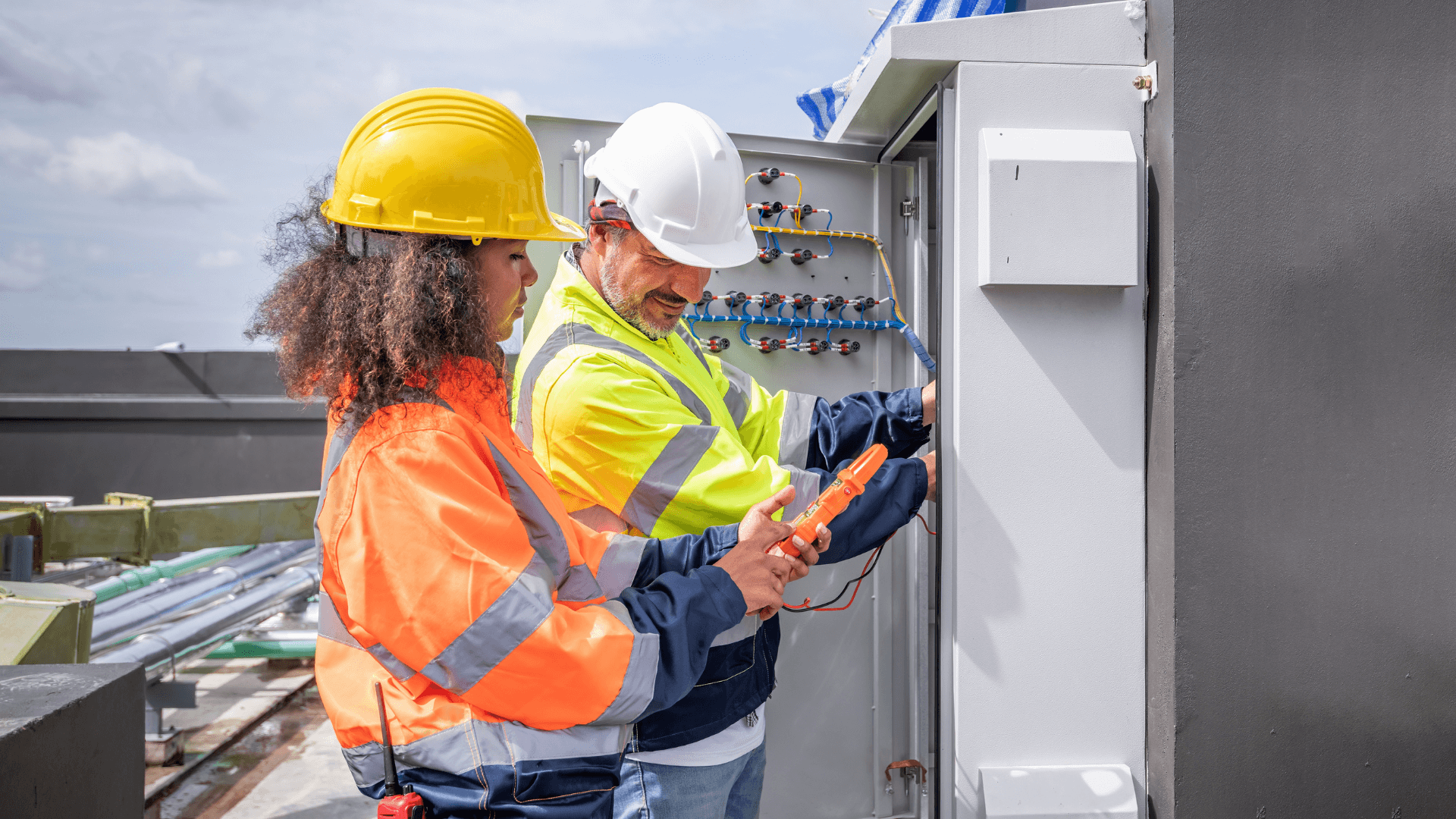 Male and female engineer looking at switchboard